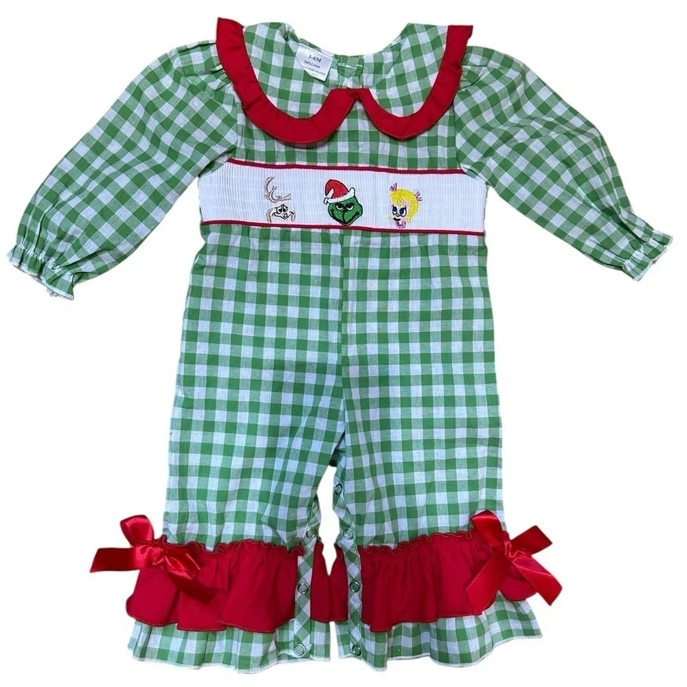 NWOT Adorable Green Checkered Boutique Baby Romper Red Bow Accents